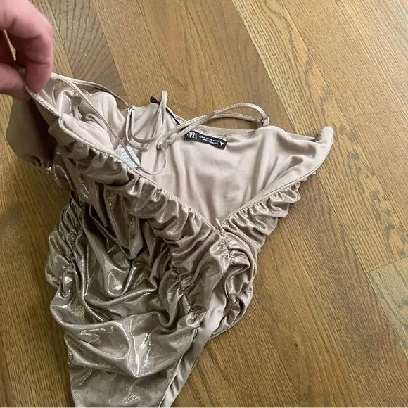 NWT Zara Metallic Gold Ruched Liquid Bodysuit with Cutout Medium 7818/384/303 - Picture 10 of 13